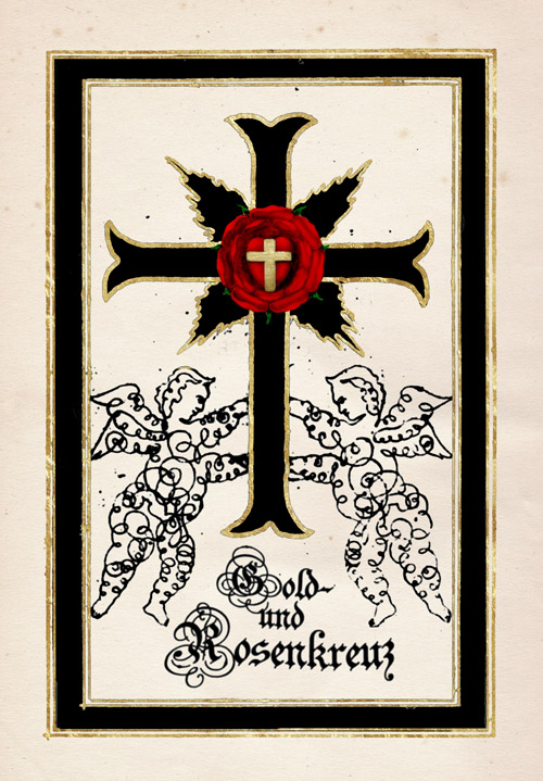 Emblem des Gold- und Rosenkreuzes — schwarzes Kreuz mit roter Rose und goldenem Kreuz.